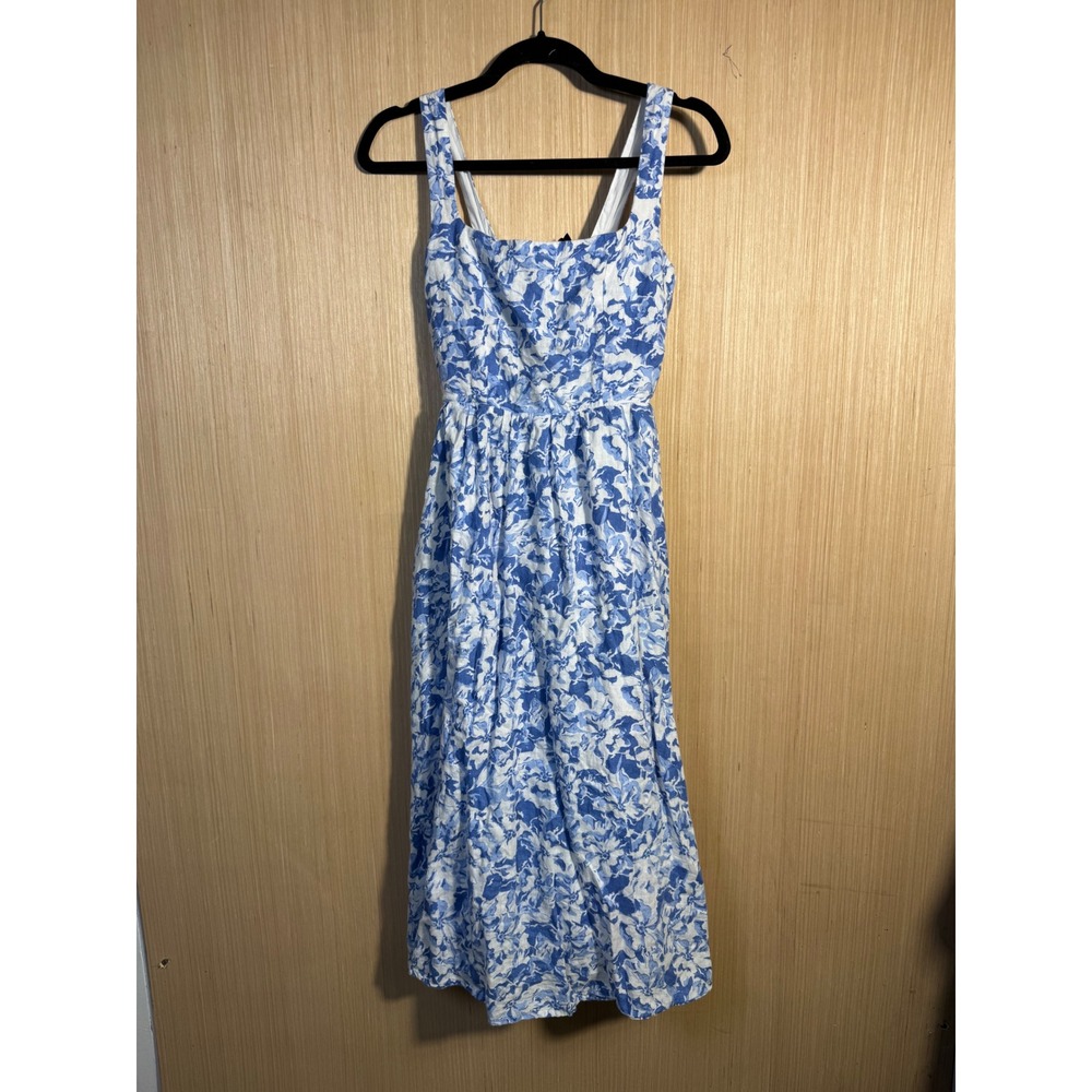 Quince Blue White Floral 100% Linen Fit Flare Midi Dress Smocked Back Pockets XS
